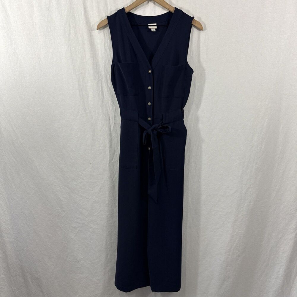 A New Day Womens Belted Button Front Sleeveless Vneck Navy Blue Jumpsuit Sz S